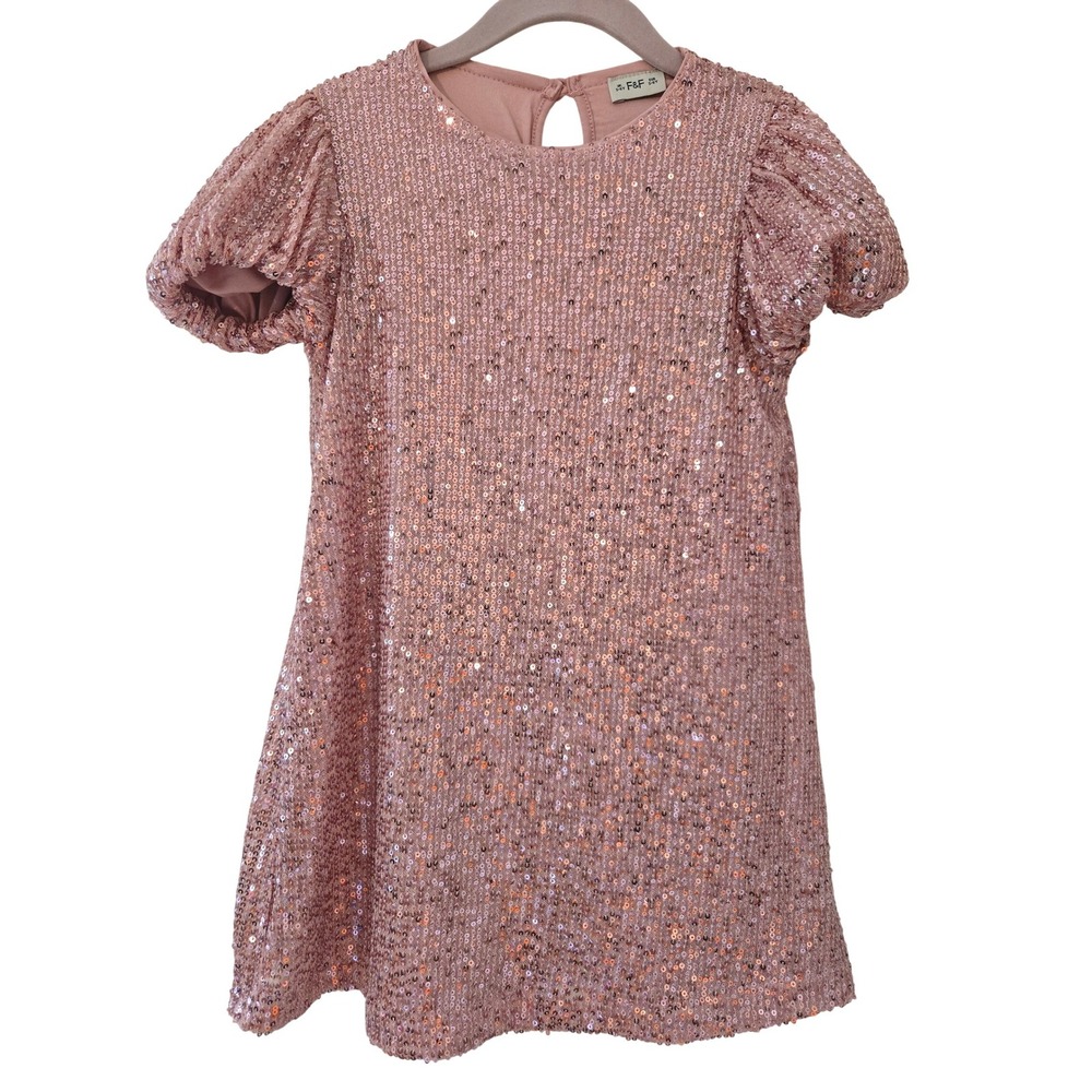 F&F Girls Pink Sequin Party Dress Short Puff‎ Sleeve Special Occasion Size 5-6Y